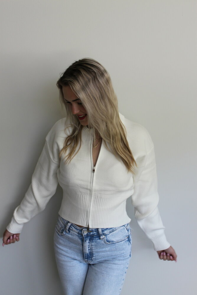White zip knit sweater